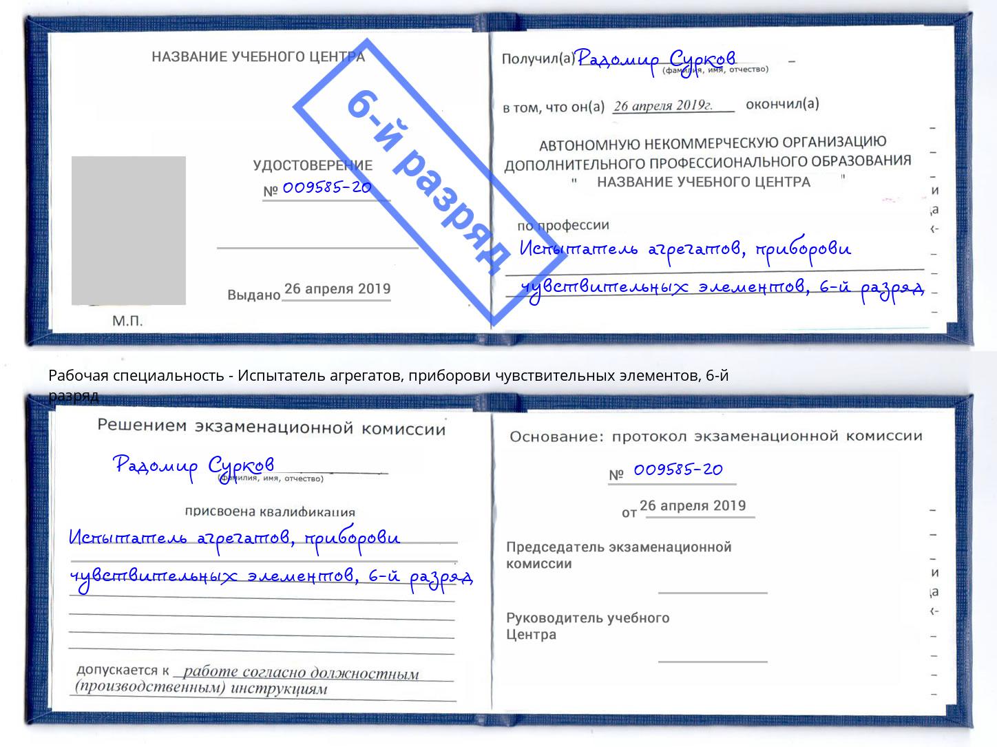 корочка 6-й разряд Испытатель агрегатов, приборови чувствительных элементов Когалым