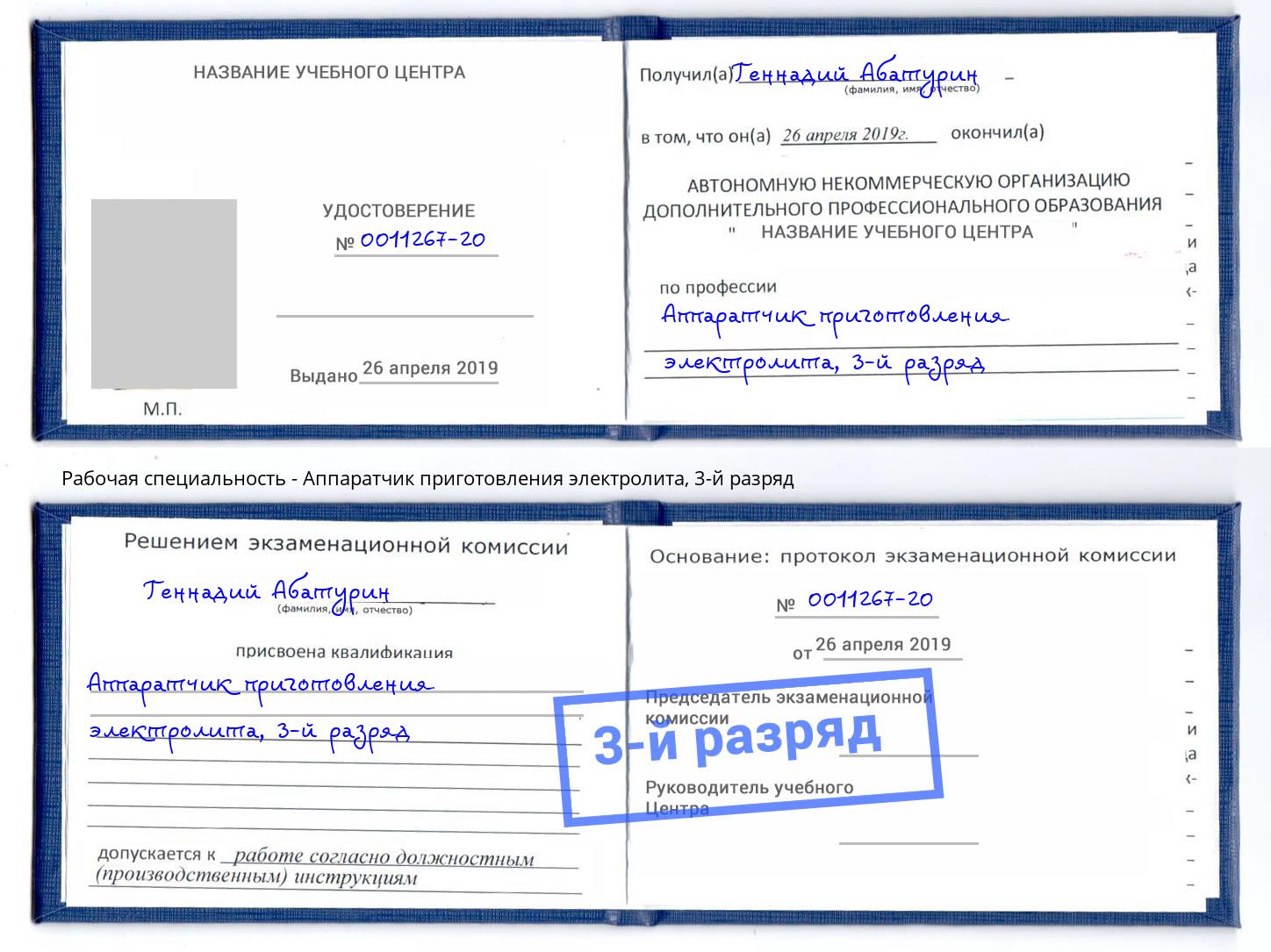 корочка 3-й разряд Аппаратчик приготовления электролита Когалым