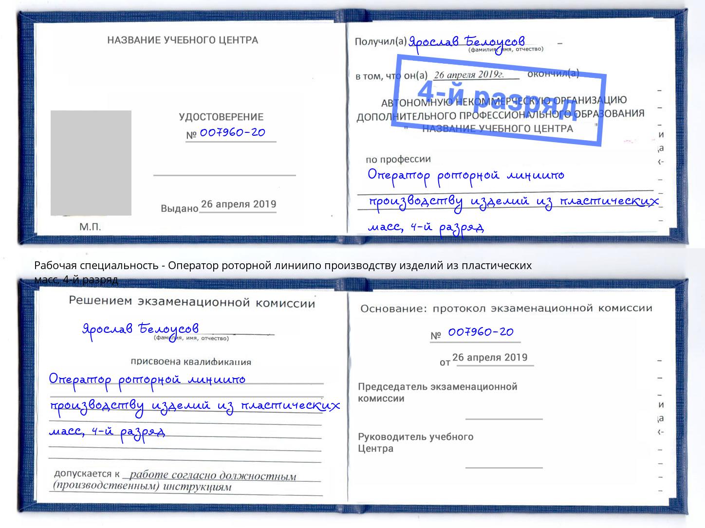 корочка 4-й разряд Оператор роторной линиипо производству изделий из пластических масс Когалым